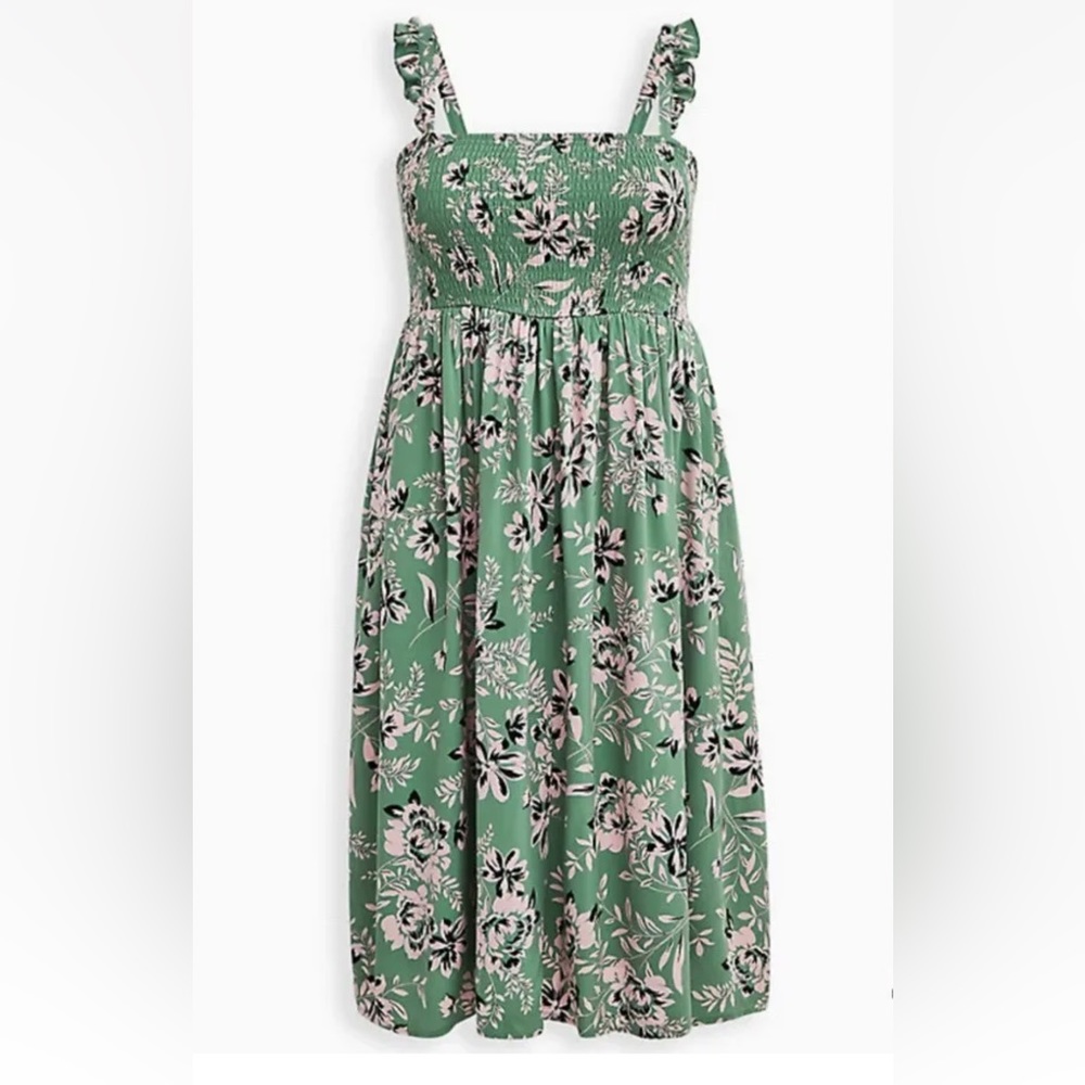 NWT TORRID Midi Challis Smocked Tiered Dress Floral Green & Pink Size 3x